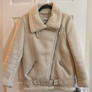 Zara off white over sized biker jacket with sherpa
